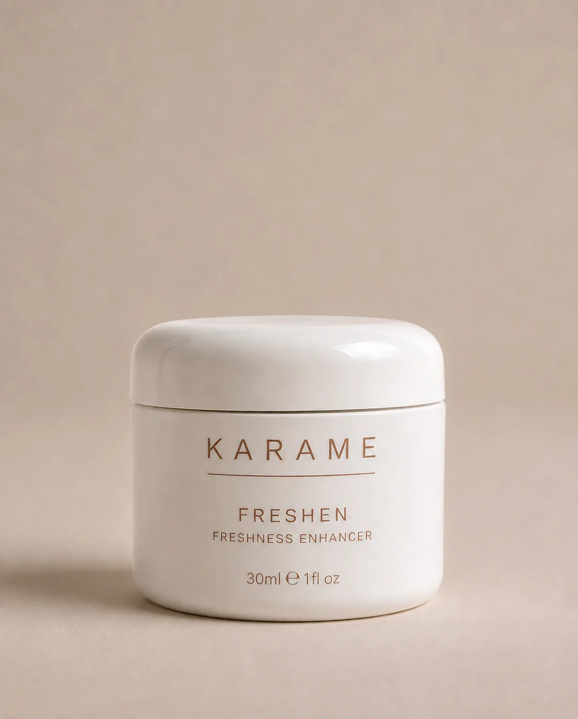 KARAME FRESHEN Freshness Enhancer white jar on a cream background