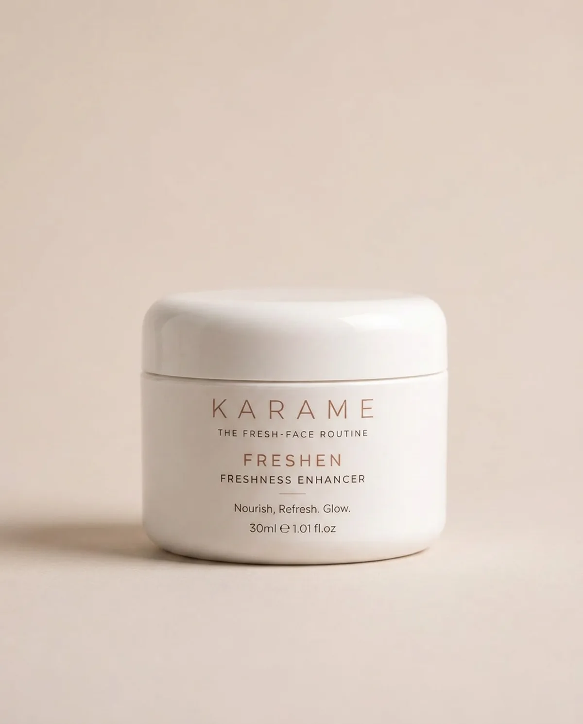 KARAME FRESHEN Freshness Enhancer white jar on a cream background