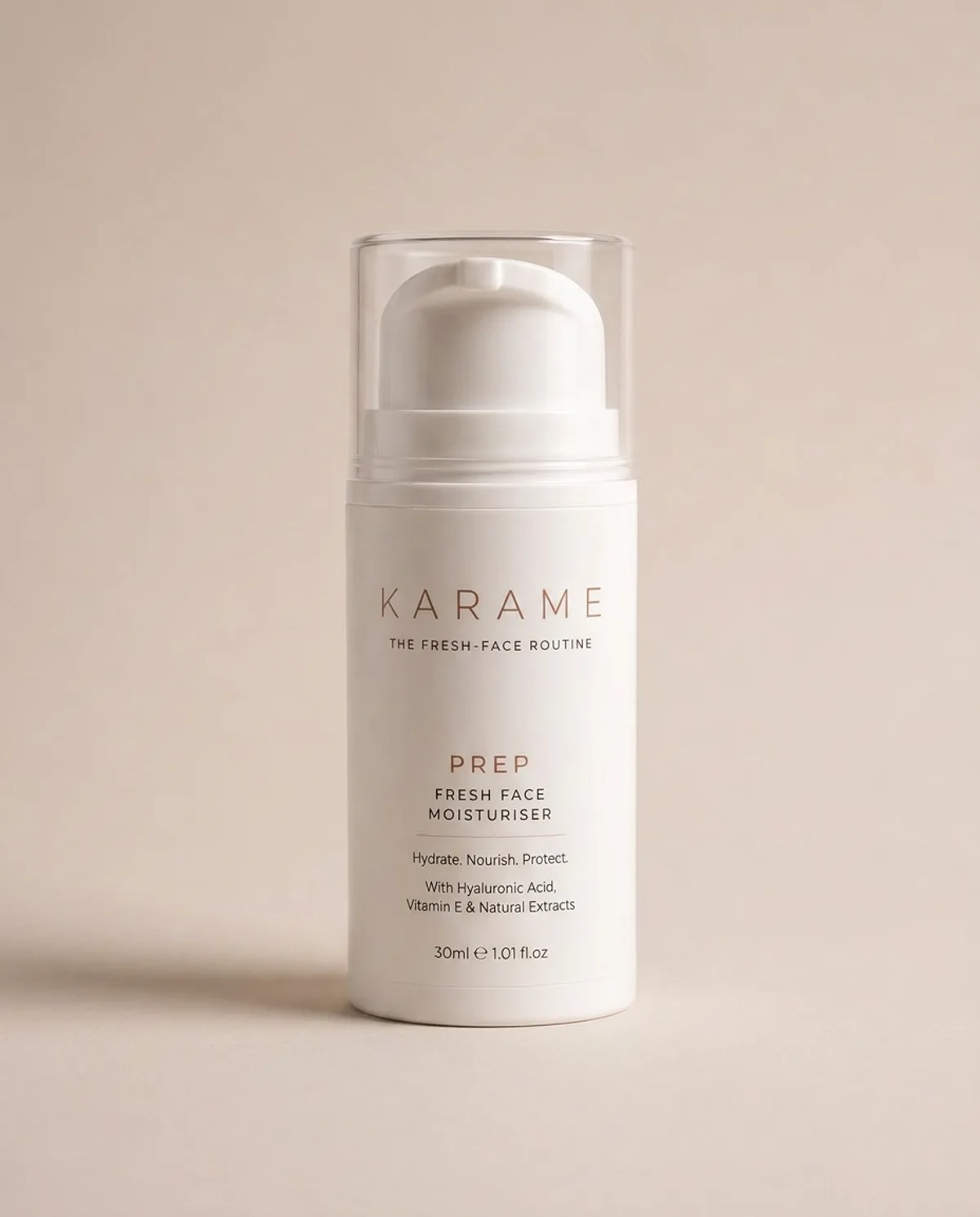 KARAME PREP Fresh Face Moisturiser pump bottle on a cream background