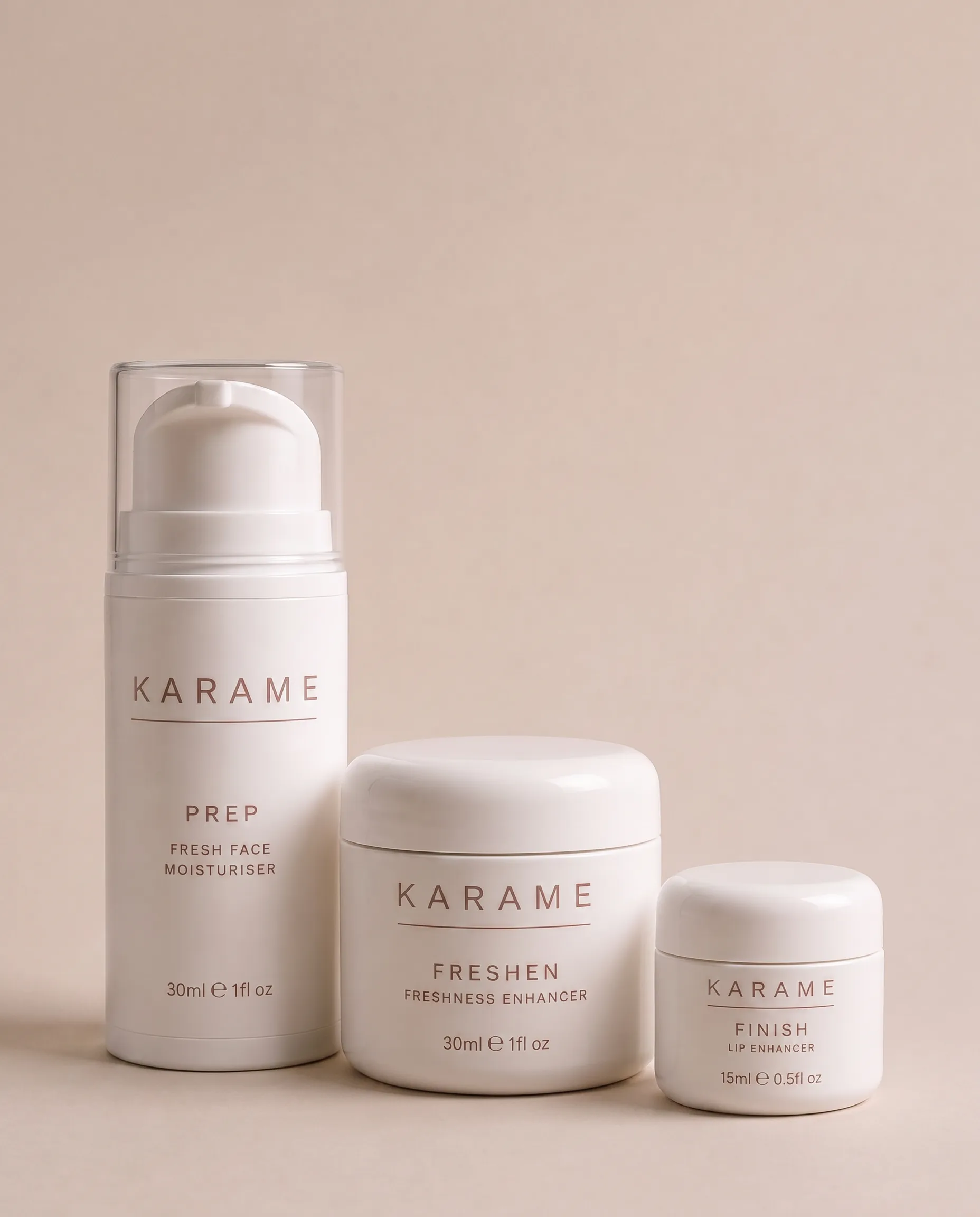 The three KARAME products, PREP, FRESHEN and FINISH