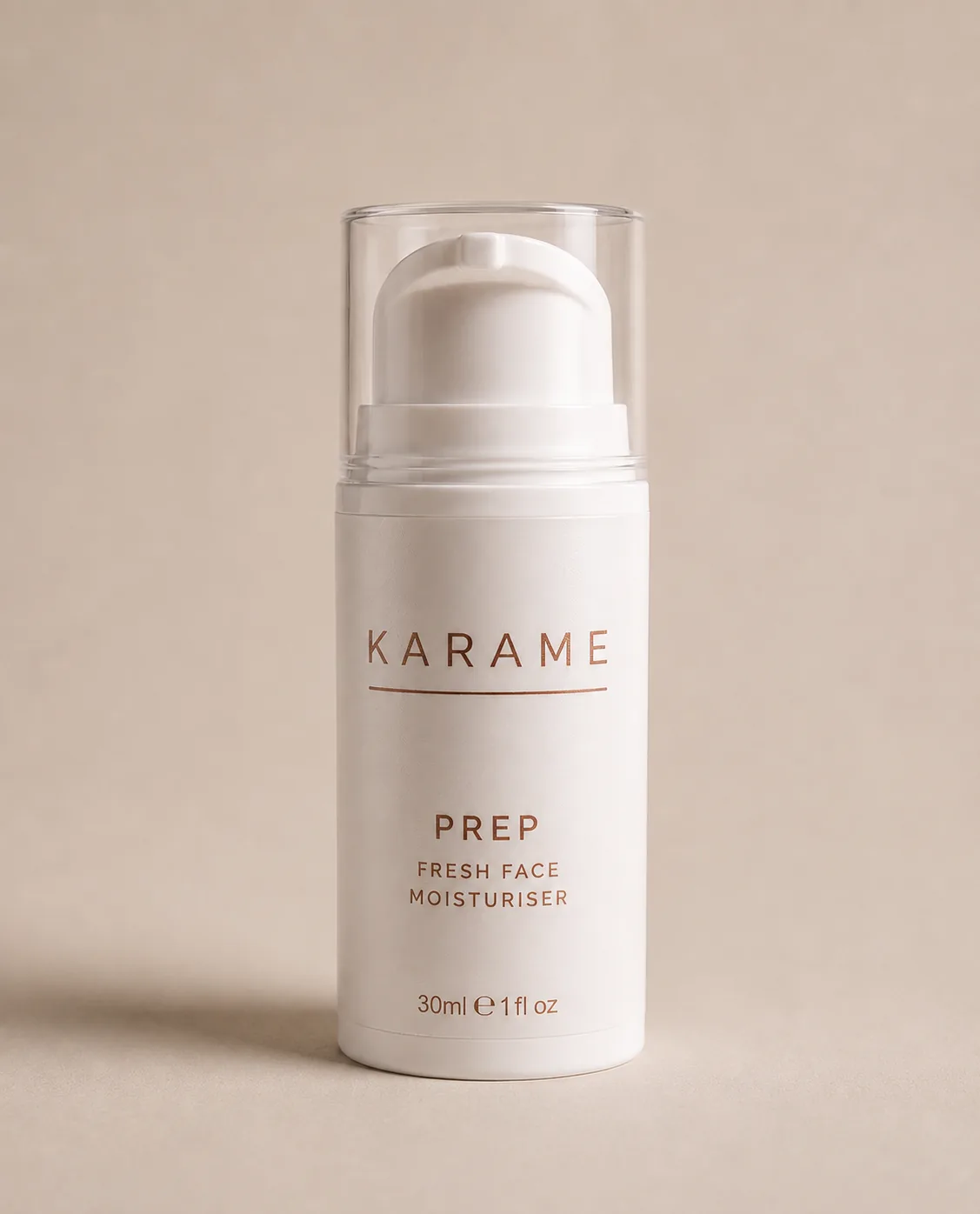 KARAME PREP Fresh Face Moisturiser pump bottle on a cream background